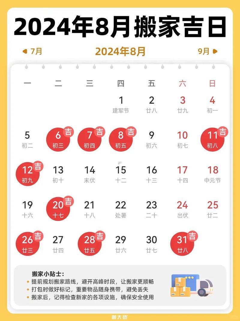 2026年八月份適合搬家的黃道吉日